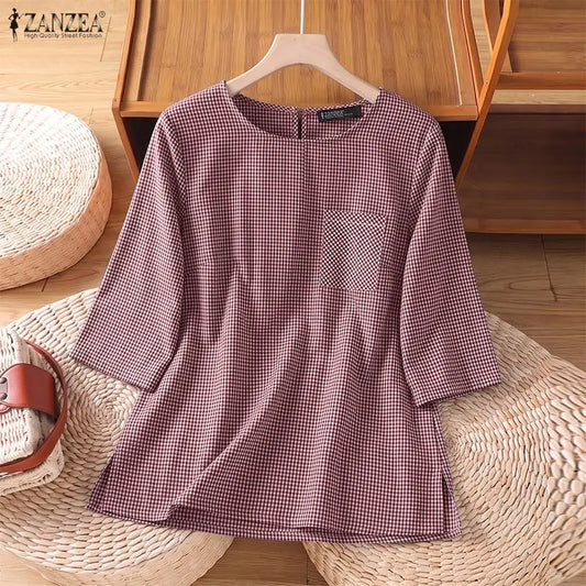 ZANZEA Woman Gingham Check Loose Blouses O-Neck Half Sleeves Pocket Detail Side Slit Tunic Tops Summer Casual Daily Wear Blusas