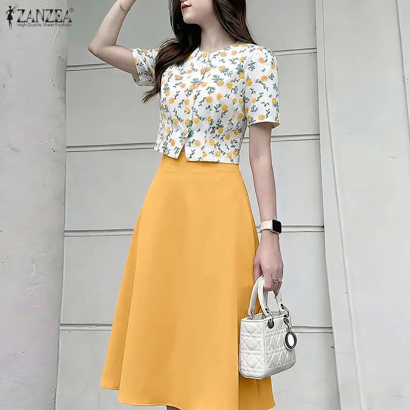 ZANZEA Elegant Fashion Women's Skirt Suits Floral Crop Tops & A-line Midi Skirts 2 Pieces Sets Summer Female Date Night Outfits