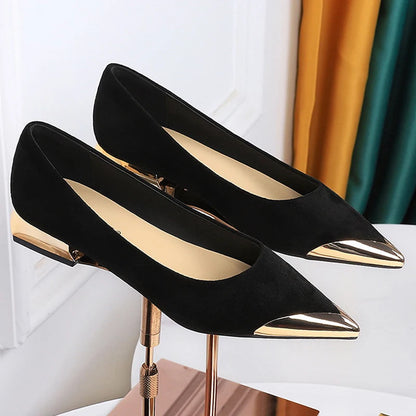 New Women Low Heeled Shoes Suede Ladies Shoes Metal Pointed Tip Women Shoes Comfort Female Shoes Low Heel Office Shoes 6 Color