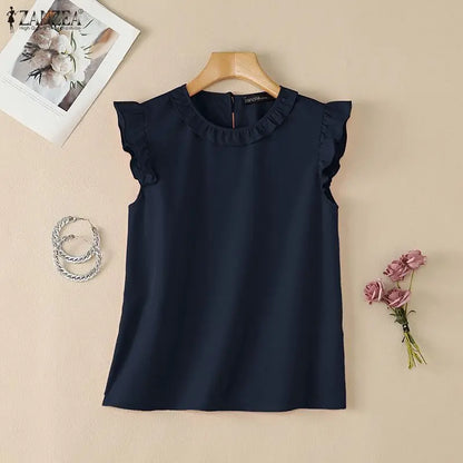 ZANZEA 2026 Women Elegant Regular-fit Blouses Ruffles Trim O-Neck Cap Sleeves Solid Color Tops Summer Lightweight Day Wear Blusa