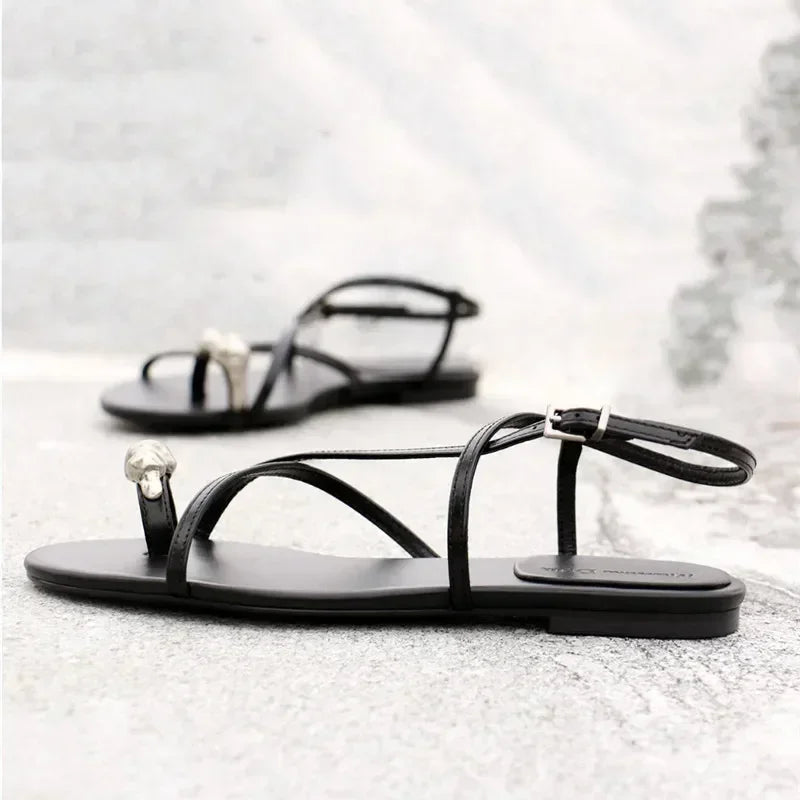 Luxury Cross Strap Design Flat Sandals Women Sexy Peep Toe Metal Decoration Beach Shoes Women's Sandals Summer 2026 Sandalias
