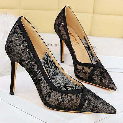 BIGTREE Shoes Mesh Hollow Lace Women Pumps Sexy High Heels Party Shoes Stiletto Heels 9.5 cm Luxury Banquet Shoes Ladies Pumps