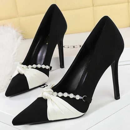 Luxury Women Pumps Pearl Chain Bowknot High Heels Suede Ladies Shoes Stiletto Heels 10 Cm Sexy Party Shoes Lady Banquet Shoes