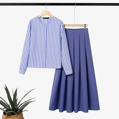 ZANZEA Women Muslim Matching Sets Modest Outfits Summer Long Sleeve Buttons -Up Striped Blouse Elastic Waist Pleated Skirt Suit
