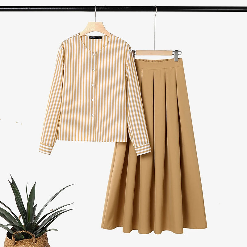ZANZEA Women Muslim Matching Sets Modest Outfits Summer Long Sleeve Buttons -Up Striped Blouse Elastic Waist Pleated Skirt Suit