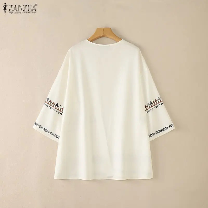 ZANZEA Women's Casual Ethnic Print Kimonos 3/4 Sleeves Open Front Long Cardigans Summer Bohemian Vacation Sunscreen Cover-Up