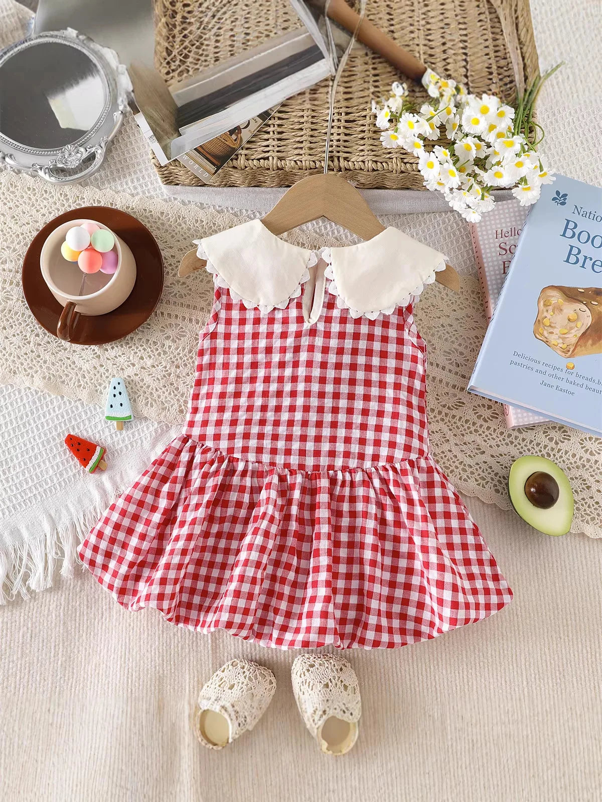 2026 New Summer Cute Children A-Line Dress Red White Plaid Girls Large Bow Sleeveless Dress Peter Pan Collar Clothes