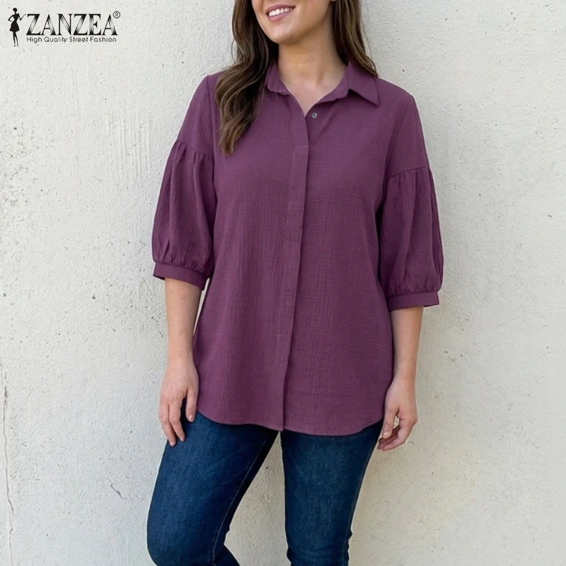 ZANZEA Women's Crinkled Fabric Casual Shirts Turn-Down Collar Half-Buttons 3/4 Lantern Sleeve Blouses Minimalist Solid Color Top