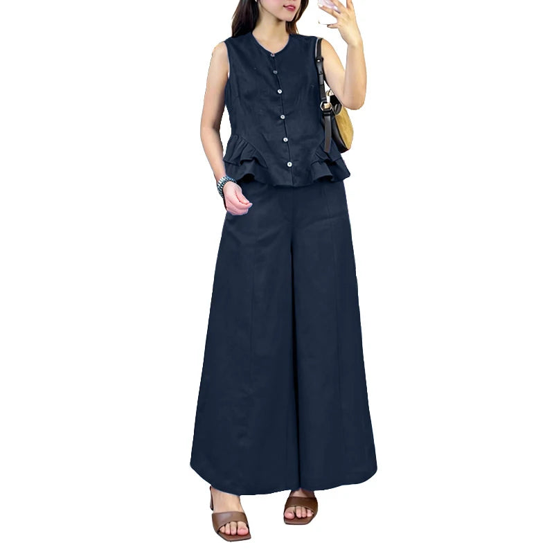 ZANZEA Women's Casual Fashion Pant Sets Ruffled Hem Sleeveless Tops & Wide Leg Pants 2 Piece Suits Summer Commute Work Outfits