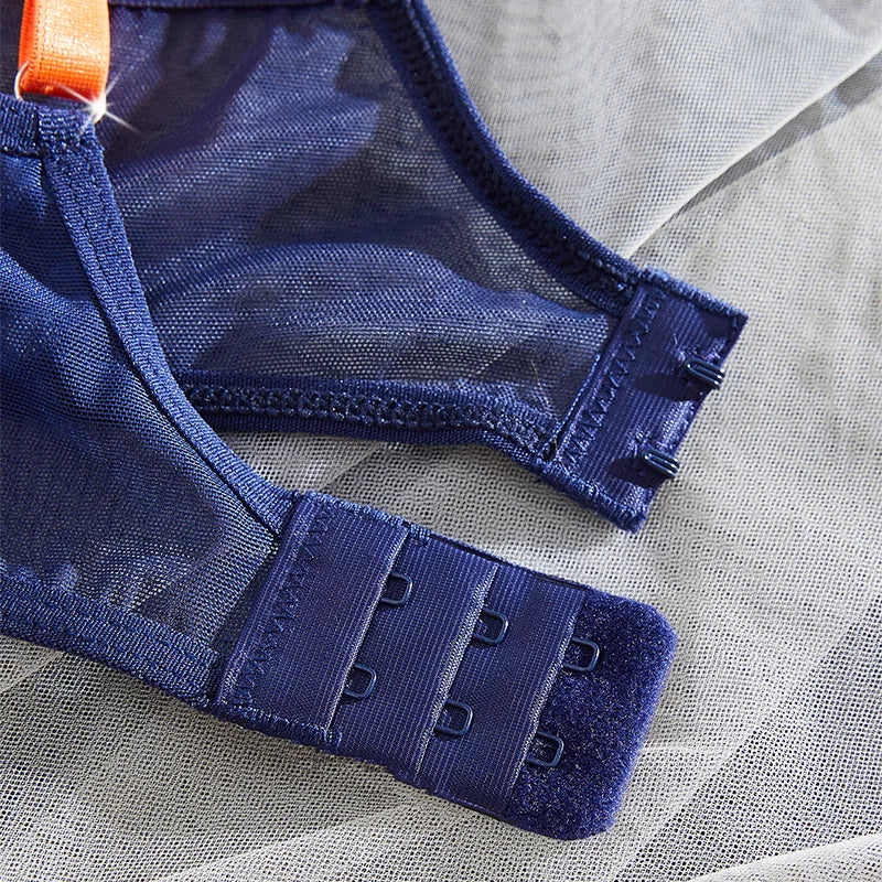 Women's Lingerie Navy Blue Sheer Mesh Underwear Steel Rings Bra Orange Bow Thongs 2Pieces Sexy Lingerie Contrast Color Intimates