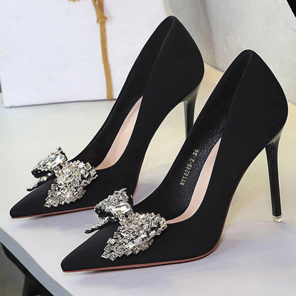 BIGTREE Shoes Luxury High Heels Women Pumps Rhinestone Bowknot Banquet Shoes Women Heels Stiletto Sexy Party Shoes Plus Size 43