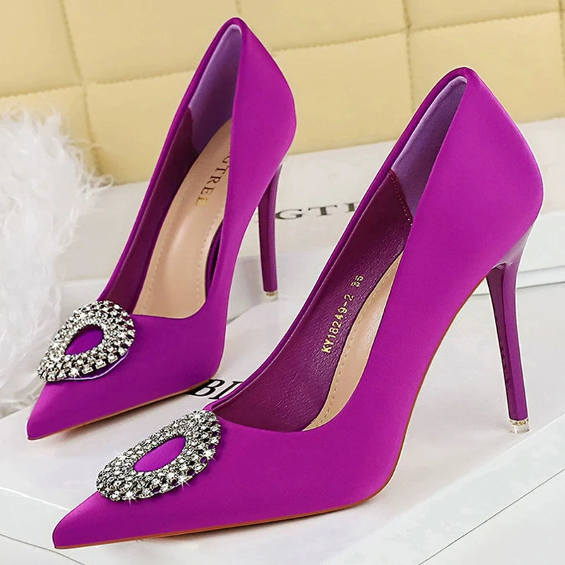 BIGTREE Shoes Women 7.5 cm Heels Rhinestone Round Buckle Women Pumps Silks Satins High Heels Sexy Party Shoes Large Size 34-43