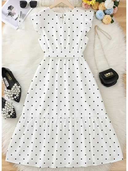 Casual and elegant summer girls' comfortable polka dot round neck ruffle sleeves cinched waist lace up dress long skirt