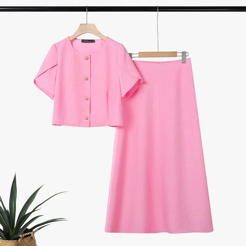 ZANZEA Women's French Chic Skirt Suits Elegant Short Petal Sleeves Tops and A-Line Midi Skirts 2 Piece Sets Outfit Woman Clothes