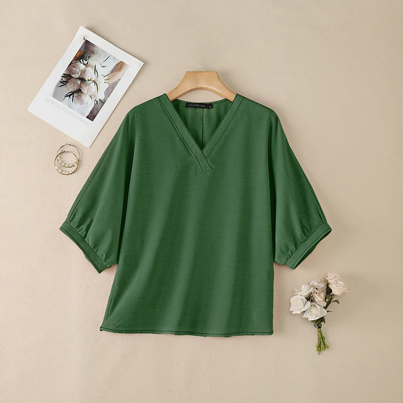 ZANZEA Contrast-Stitch V-Neck 3/4 Lantern Sleeve Blouses for Woman Casual Loose Pullover Tops Summer Daily Casual Blusa de Mujer