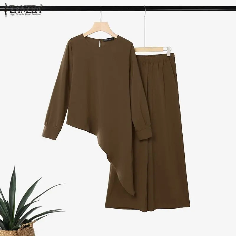 ZANZEA Women Pants Sets Two Piece Outfit Irregular Hem Tunic Tops Wide Leg Pant Casual O Neck Long Sleeve Solid Color 2PCS