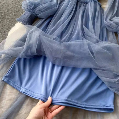 New Lace Flower Mesh Dress Summer Lantern Sleeve White Long Dresses For Women Party Vintage Elegant Dress 2 Piece Sets 12041
