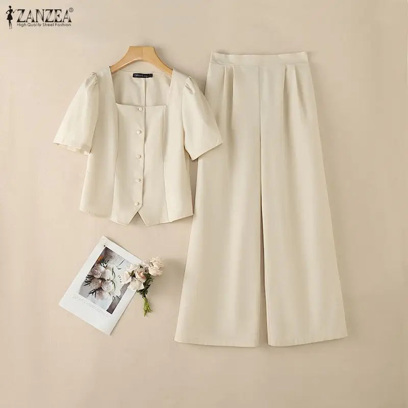 ZANZEA Summer 2 Pieces Sets 2PCS Women OL Work Outfits Square Neck Short Sleeve Blouse Wide Leg Pant Sets Solid Color Tracksuit