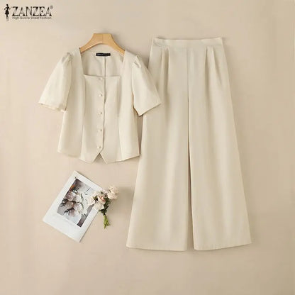 ZANZEA Summer 2 Pieces Sets 2PCS Women OL Work Outfits Square Neck Short Sleeve Blouse Wide Leg Pant Sets Solid Color Tracksuit
