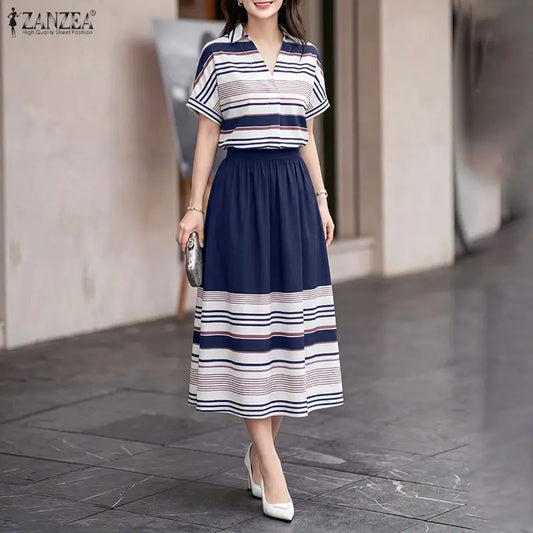 Summer ZANZEA Women Dress Sets Fashion Stripe 2PCS Two-piece Outfits Short Sleeve Thin Tops Long Skirts OL Work Streetwear 3XL