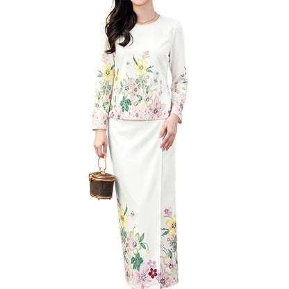 ZANZEA Women Elegant Floral Print 2 Pieces Skirt Sets Sophisticated Long Sleeve Blouses & Elastic Waist Maxi Skirts Co-ords Sets