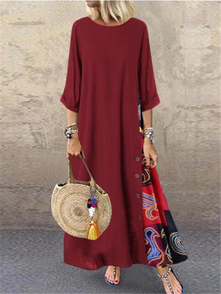 Women Vintage Harajuku Long Dress Bohemian Stitching Print 3/4 Sleeve O Neck Loose Oversized Maxi Dress Casual Elegant Robe