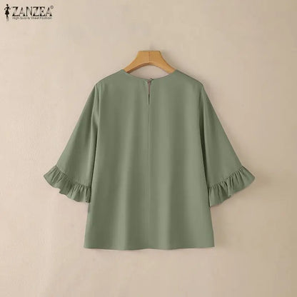ZANZEA Women's Elegant Blouses 3/4 Flared Sleeve O-Neck Pullover Tops Summer Minimalist Casual Solid Color Blusas de Mujer