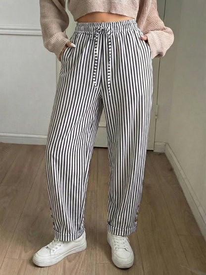 Women Plus Size High Waist Striped Pants Drawstring Casual Wide Leg Trousers Autumn Fashion Female Chill Streetwear Black White