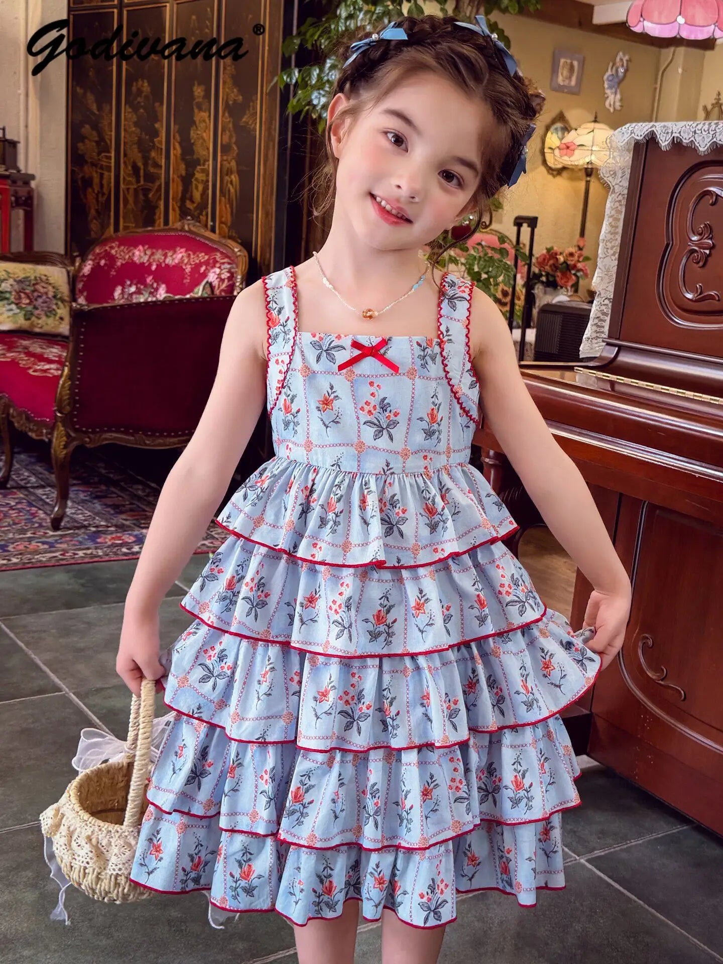 Sweet Baby Girls Cute Floral Casual Sundress New Summer 2026 Childrens Floral Cotton Lace Ruffle Trim High Waist Cake Slip Dress