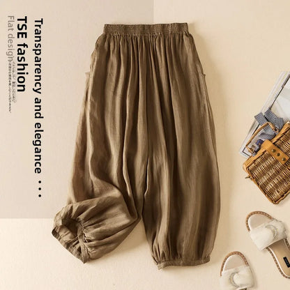 Summer Casual Cotton Linen Double Layer Lantern Pants Loose Elastic Waist Pure Color Wide Leg Harem Trousers for plus Size Women