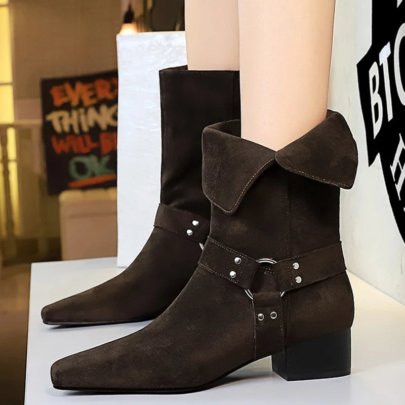 BIGTREE Shoes Women Mid-Calf Boots Retro Style Western Boots Square Head Belt Buckle Women Boots Suede Thick Heel Autumn Boots