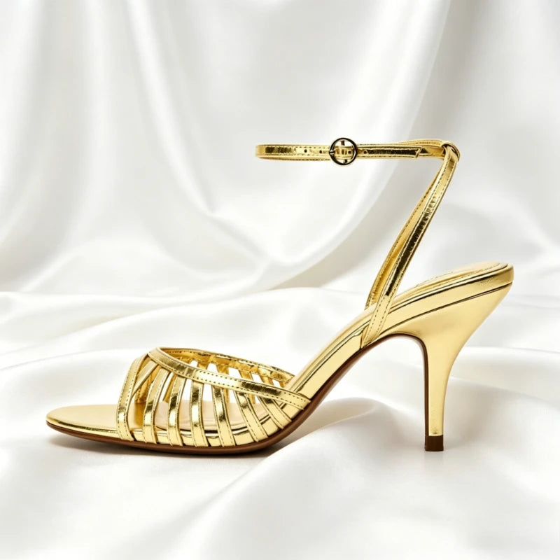 High Quality Summer Women Shoes Gold Ankle Strap Heeled Sandals for Ladies Sexy Open Toe Stilettos High Heels Elegant Party Shoe