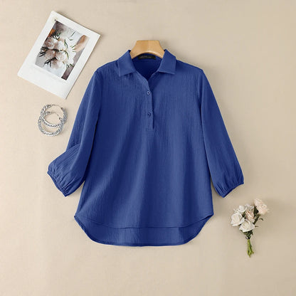 ZANZEA Women Crinkled Fabric Loose Blouses Turn-Down Collar Half-Buttons 3/4 Puff Sleeve Solid Blusas Mujer Daily Casual Tops