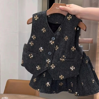Kids Girls Elegant 2-Piece Set Dark Gray V-Neck Vest with Gold Sequin Flower Embroidery + Matching Skirt Fall/spring Outfit Girl