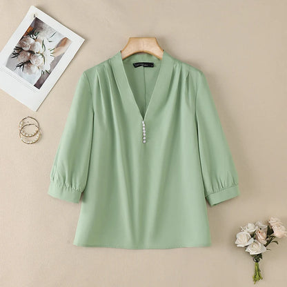 ZANZEA Women Sophisticated Pearls Detail Blouses V-Neck Pleated 3/4 Puff Sleeve Solid Color Tops Office Elegant Blusas de Mujer