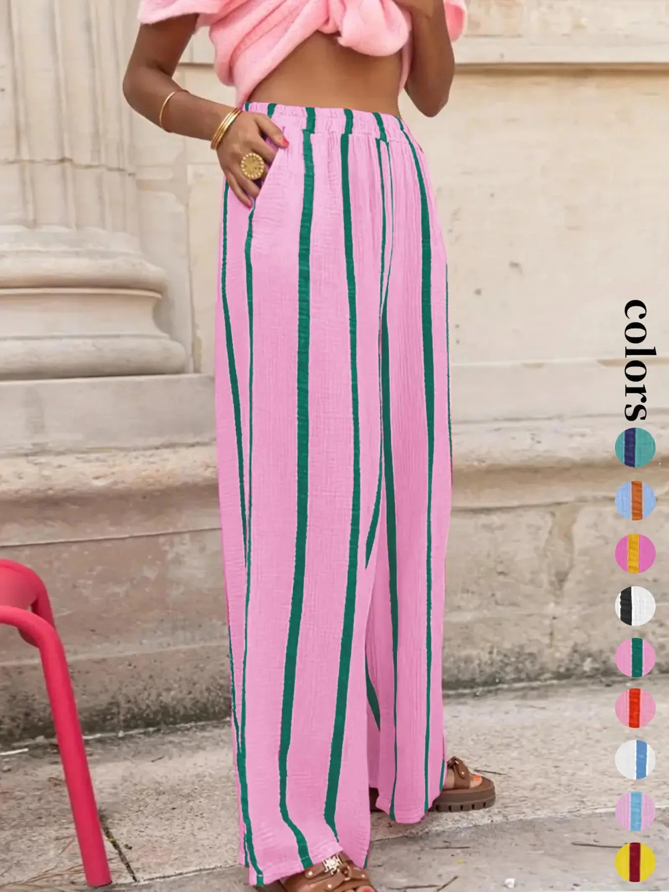 Women's Vertical Stripe Wide-leg Pants, Elastic Waist Pleated Casual Trousers, Resort Style Loose Slimming Floor-length