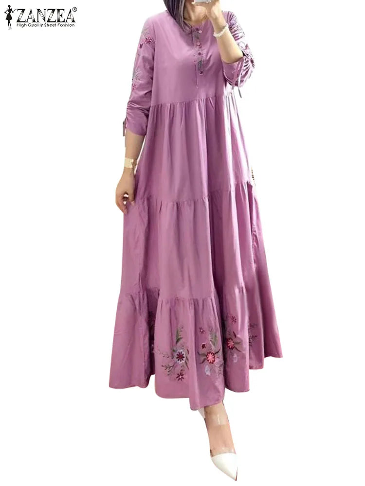 ZANZEA Elegant Floral Printed Muslim Dress Female Fashion Abaya Kaftan Sundress Woman Casual Ruffles Hem Maxi Robe Oversized