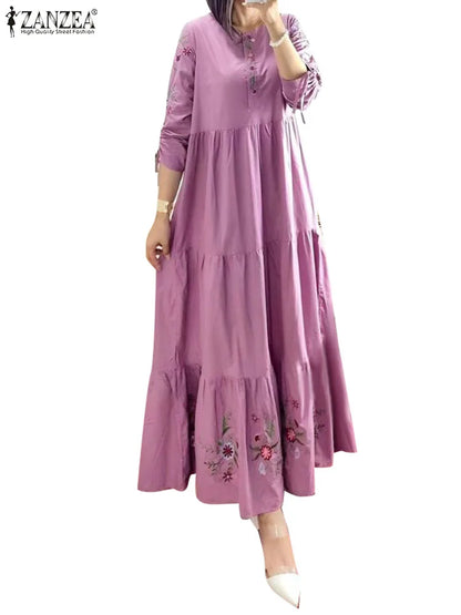 ZANZEA Elegant Floral Printed Muslim Dress Female Fashion Abaya Kaftan Sundress Woman Casual Ruffles Hem Maxi Robe Oversized