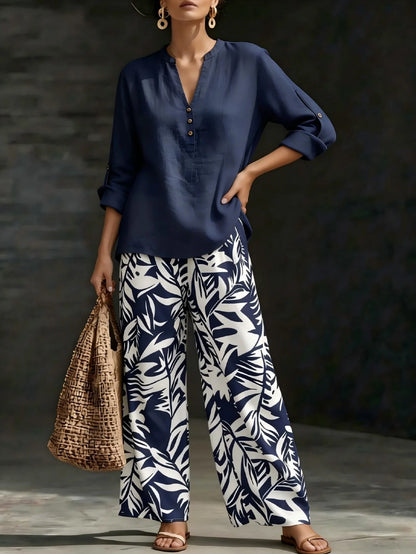 Women 2 Piece Outfit Notched V‑Neck Button Blouse Top Leaf Print Elastic Waist Wide Leg Pants Set Casual Holiday Boho Vacation Outfit With Pockets
