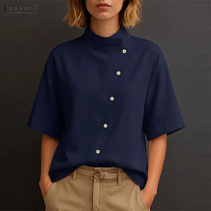 ZANZEA Women's Fashion Diagonal Front Shirts Casual Stand Collar Half Sleeve Button Up Tops Summer Solid Color Chemises Femme