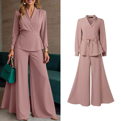 ZANZEA Plus Size Women's Minimalist Pant Suits Wide Leg Flared Pant & Long Sleeve Blouse 2pcs Sets Casual Loose Sets Outfits 5XL