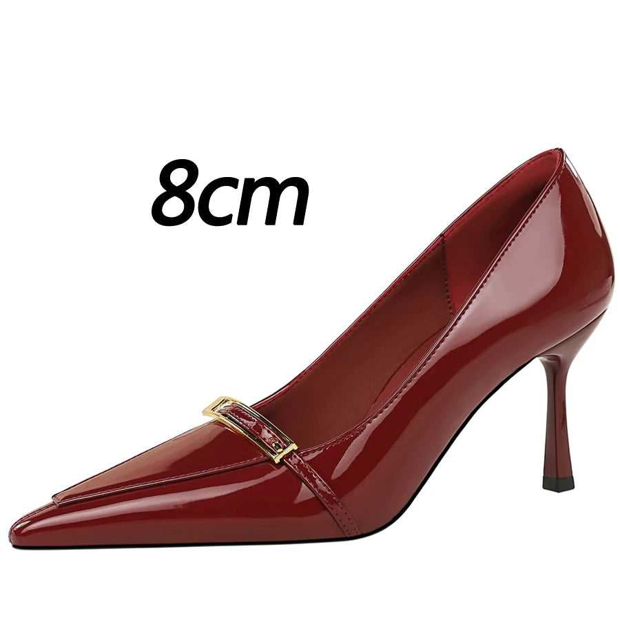 BIGTREE Shoes New Metal Buckle Women Pumps Pointed High Heels Patent Leather Women Heels Shoes Stiletto 9.5 cm Sexy Party Shoes
