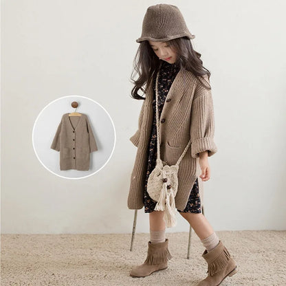 2025 New Girls' Chunky Yarn Knit Cardigan Autumn/Winter Kids' Plus Size Korean Style Mid-Length Knit Jacket
