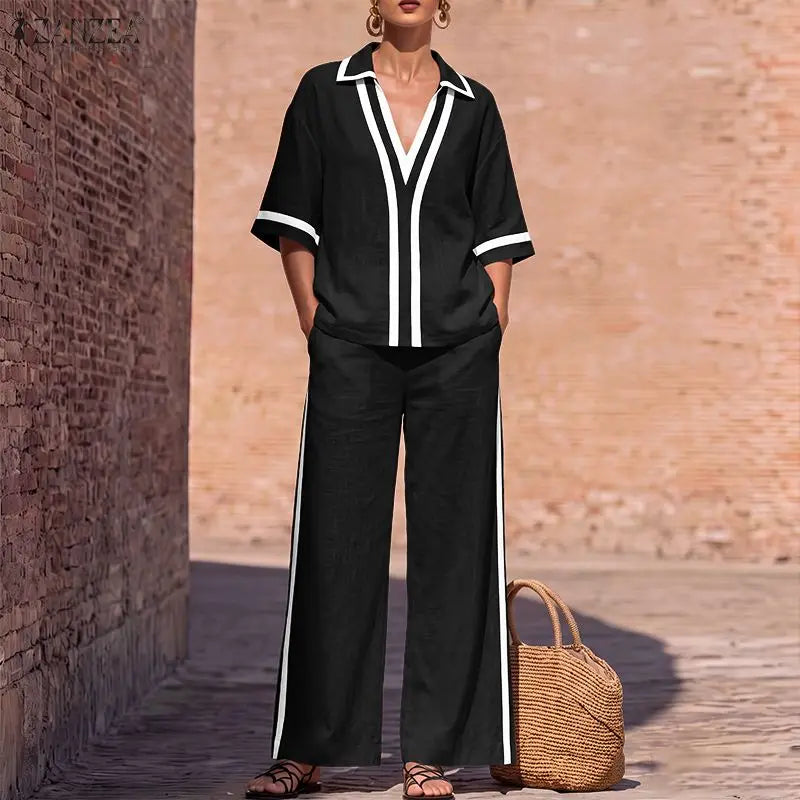 ZANZEA Patchwork 2 Pieces Sets OL Style Fashion Women Pants Sets Turn Down Collar Half Sleeve Shirt Trousers Suit Casual Outfits