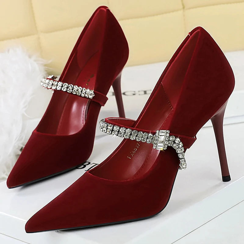 New Luxury Women Pumps Rhinestone Design High Heels Ladies Shoes Suede Female Heels 10 cm Stiletto Pumps Fashion Banquet Shoes