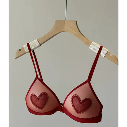 Women Red Bridal Wireless Bra, Front Buckle Beauty Back Thin Cup Heart Pattern Underwear For Wedding Zodiac Lucky Year 32-38 Set