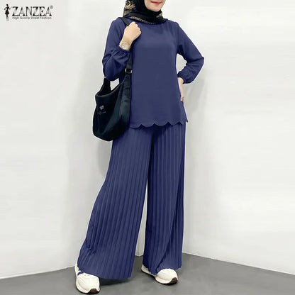 Ramadan Outfits Muslim 2 Pieces Sets Hijab Tracksuit ZANZEA Summer Women O Neck Long Sleeve Tops Pleated Pant Sets Eid Mubarek