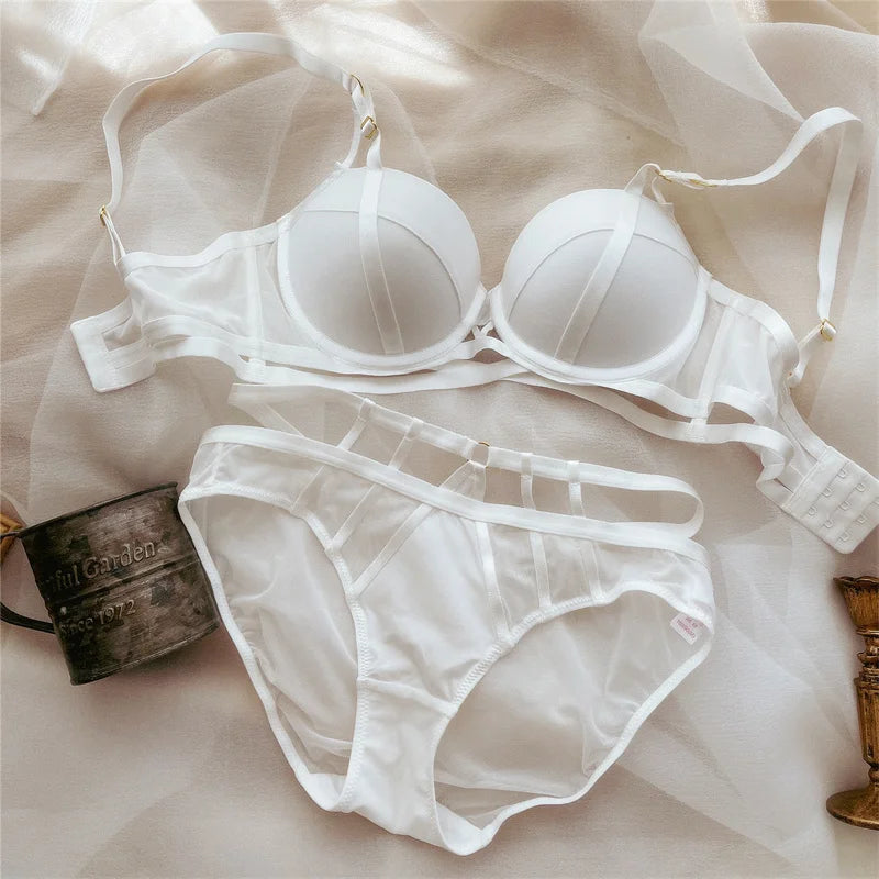 Europe Women Lace Underwear Sexy Hollow Push Up Bra Set Classic Bandage Adjustable Brassiere Cotton Thicken Plus Size Lingerie