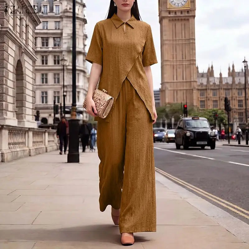 ZANZEA Fashion Summer 2 Pieces Sets 2PCS Short Sleeve Blouse Trousers Suit Women Outfits Asymmetrical Hem Tops OL Work Pant Sets