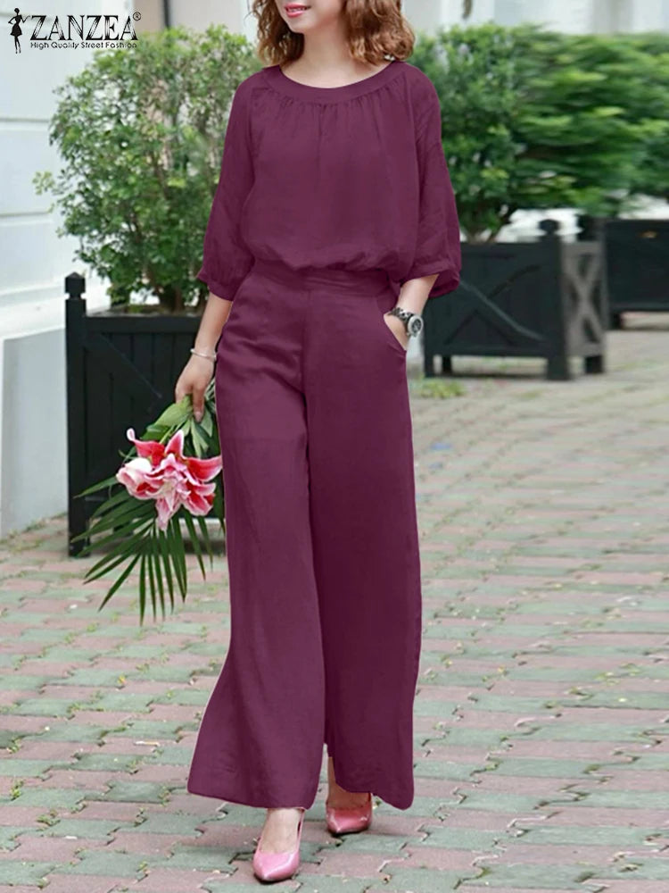 ZANZEA Autumn 2PCS Outfits Fashion Women Two Pieces Sets O Neck Long Sleeve Blouse Pant Sets Casual Solid Loose Work Tracksuits